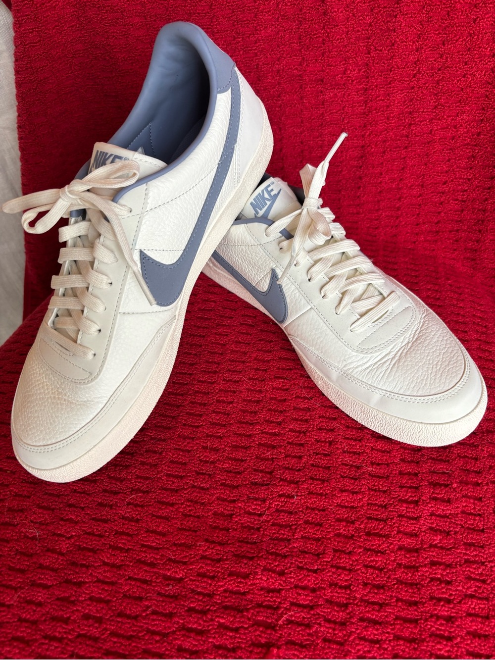 Nike Men's White Leather Sneakers with Slate Blue Swoosh